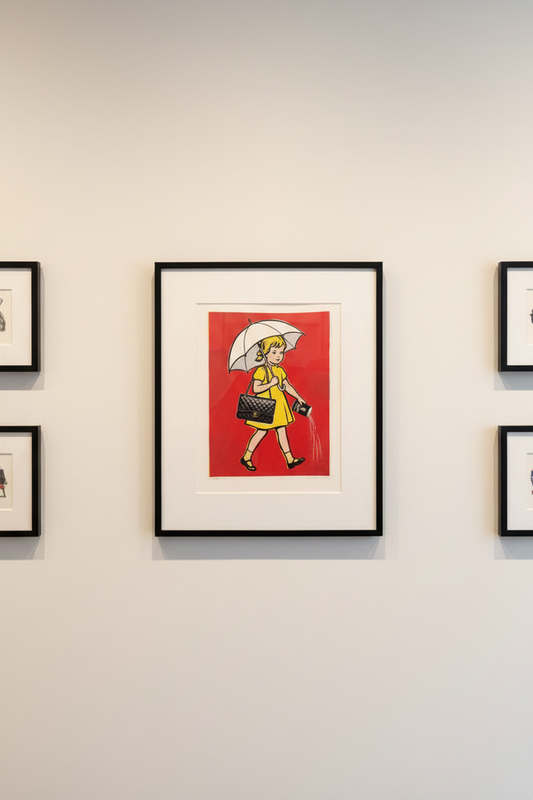 Morton Salt Girl x Chanel pop art print displayed in a black gallery frame on a white wall