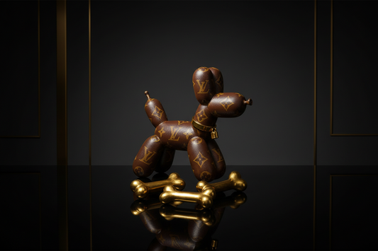Louis Vuitton balloon dog pop art print displayed in a black gallery frame on a white wall