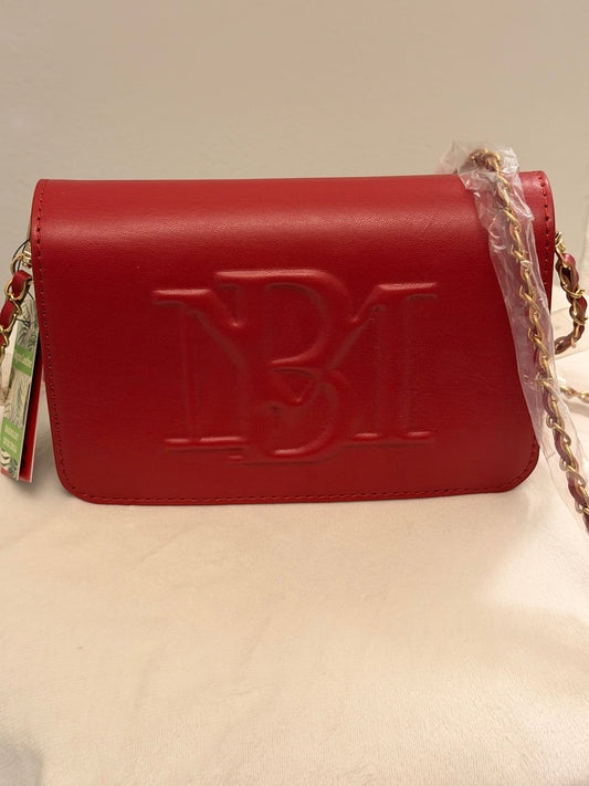 Noticed Atelier by Legzdiamond Badgley Mischka brick red vegan leather crossbody bag with gold hardware and logo