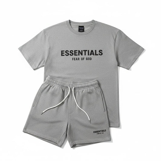 Noticed Atelier by Legzdiamond heather grey Essentials Fear Of God cotton t-shirt and shorts set with logo branding