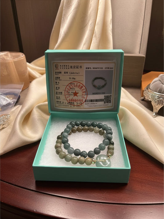 Noticed Atelier by Legzdiamond Grade A jadeite donut and bead bracelet bundle with authentication certificate in box