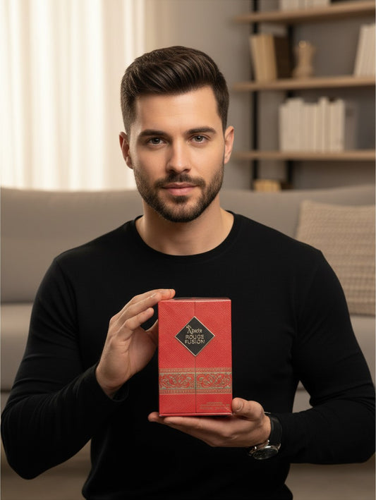 Man in black sweater holding a red Ahuja Rouge Fusion Eau de Parfum box from Noticed Atelier by Legzdiamond