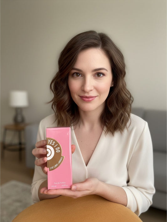 Woman holding a pink Etat Libre d'Orange Yes I Do perfume box, presented by Noticed Atelier by Legzdiamond.