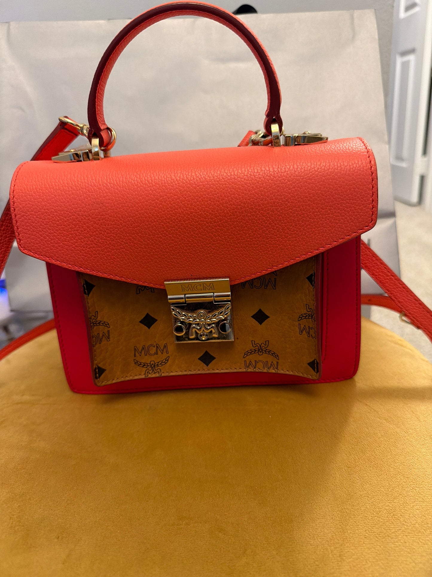 MCM Mini Color Block Crossbody – Coral Red & Visetos