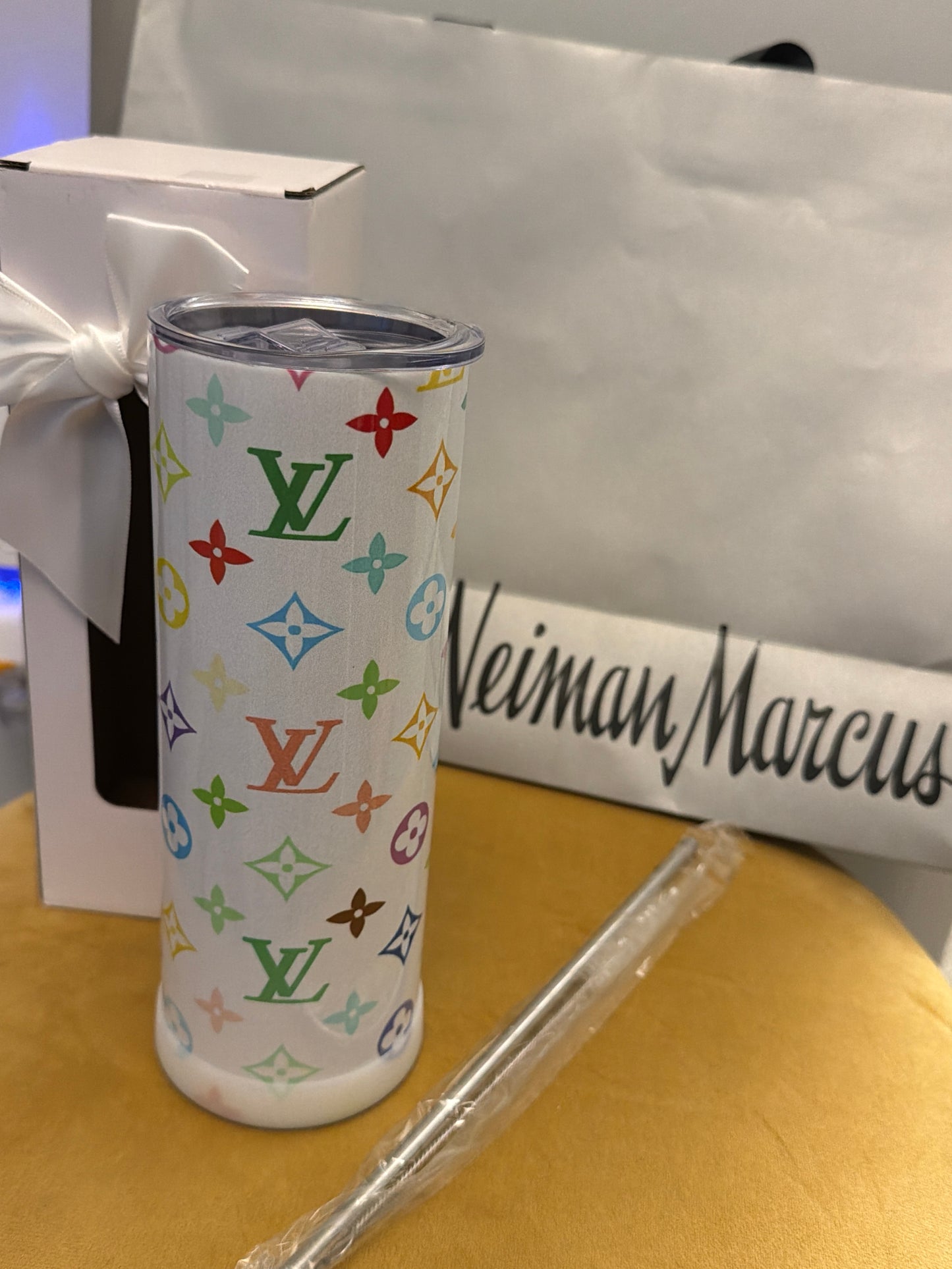 Luxury multicolor monogram stainless steel slim tumbler with straw