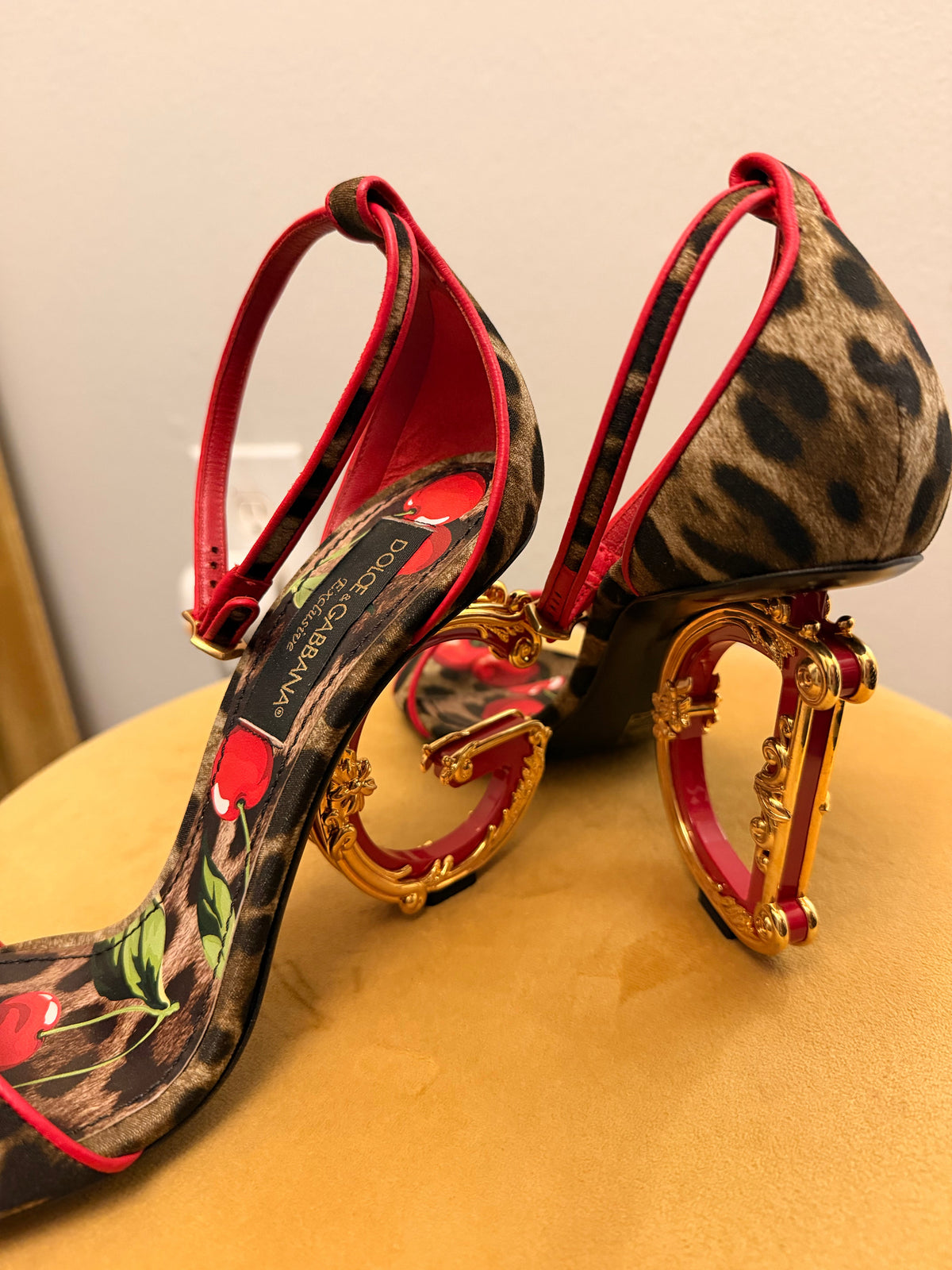 Dolce & Gabbana Cherry Leopard Baroque Heels - front view