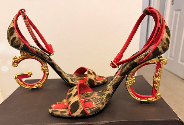 Dolce & Gabbana DG Logo Baroque heels in cherry leopard print with gold sculptural heel