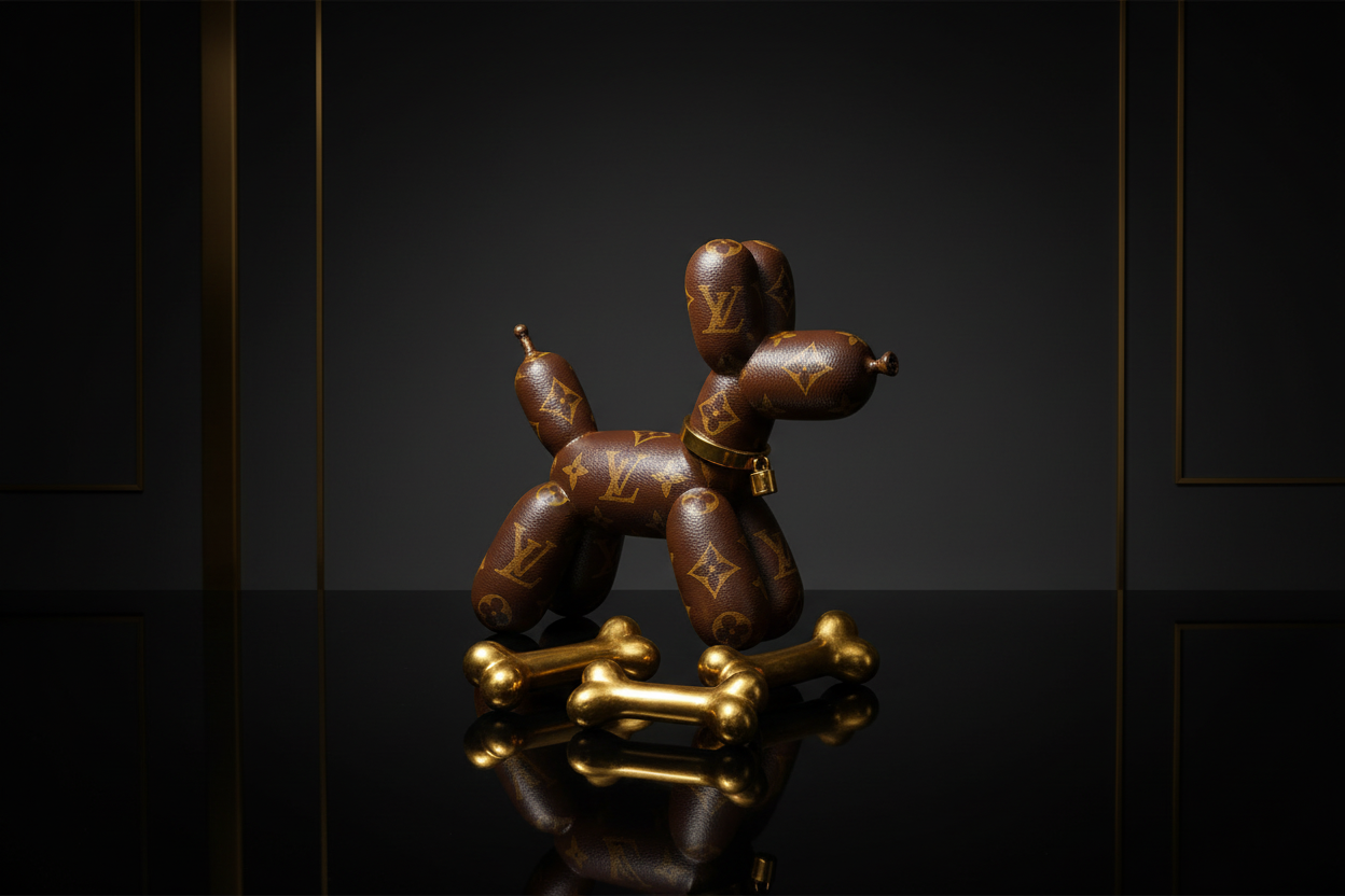 Louis Vuitton balloon dog pop art print displayed in a black gallery frame on a white wall
