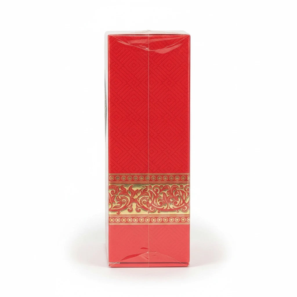 Noticed Atelier by Legzdiamond Ahuja Rouge Fusion Eau de Parfum 100ml red box with gold ornate detailing side view
