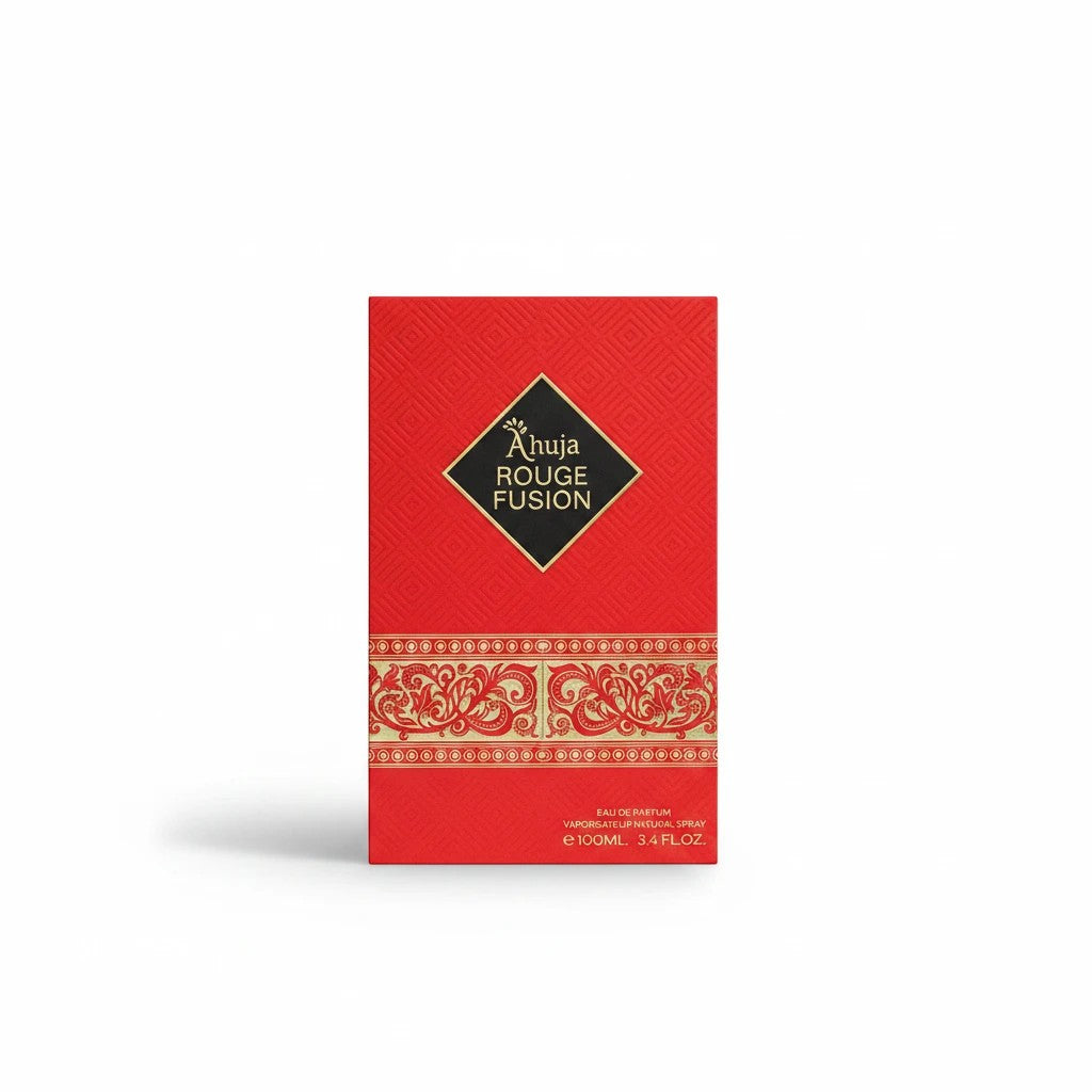 Noticed Atelier by Legzdiamond Ahuja Rouge Fusion Eau de Parfum in a vibrant red box with gold ornate detailing.