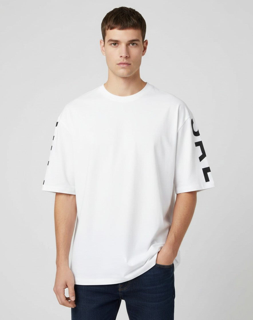 Noticed Atelier by Legzdiamond Balmain white men's oversized T-shirt with black logo detail on the sleeve