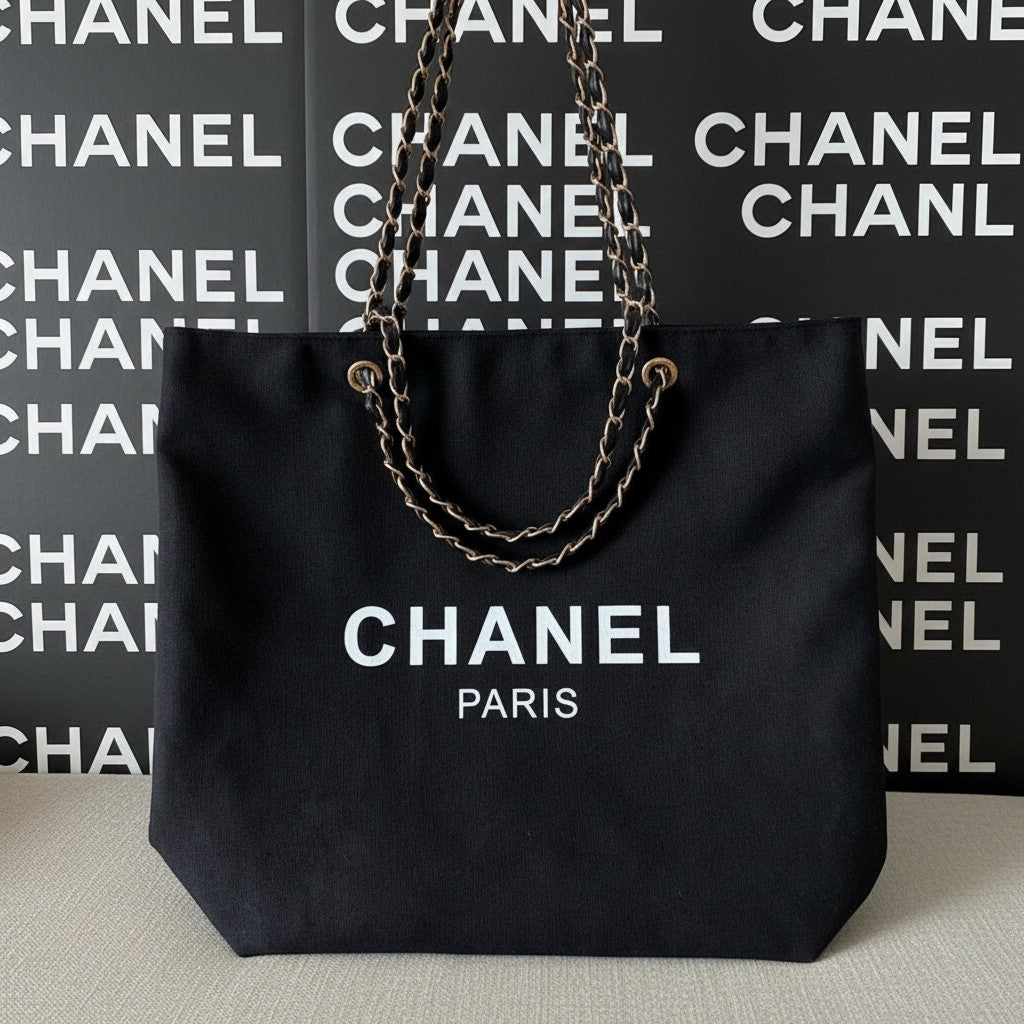 Noticed Atelier by Legzdiamond black canvas Chanel Paris tote bag with signature gold chain and leather straps