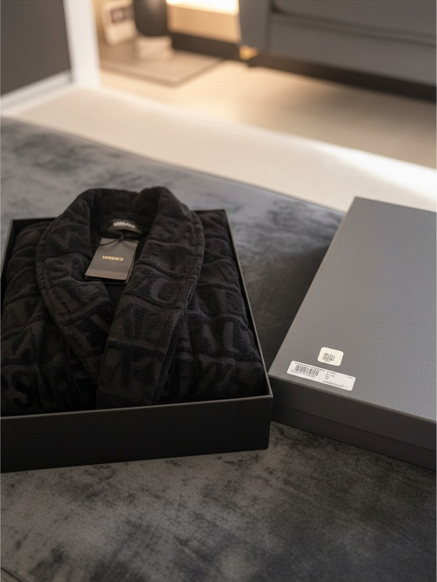 Noticed Atelier by Legzdiamond black plush cotton bathrobe with embossed logo pattern in a luxury gift box
