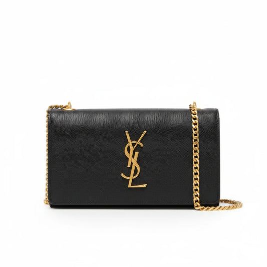 Noticed Atelier by Legzdiamond vintage Saint Laurent black leather wallet on chain with gold YSL logo and chain strap