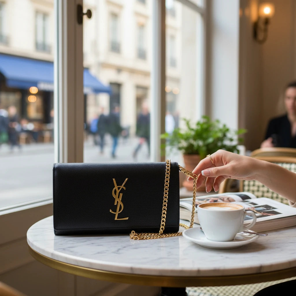 Noticed Atelier by Legzdiamond vintage black Saint Laurent wallet on chain with gold YSL logo on a cafe table