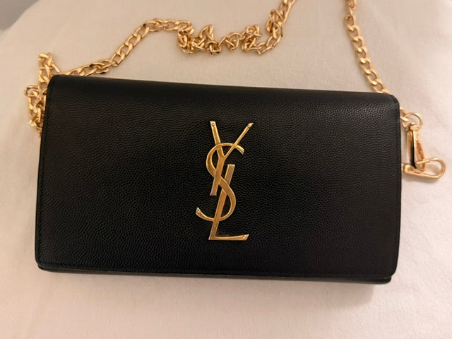 Noticed Atelier by Legzdiamond vintage Saint Laurent black leather wallet on chain with gold YSL logo and chain strap
