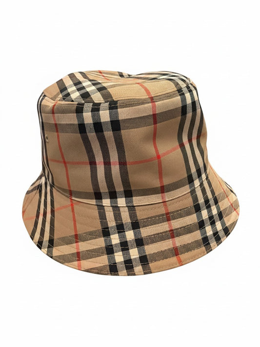 Noticed Atelier by Legzdiamond Burberry classic check bucket hat in beige, black, and red cotton-polyester blend.