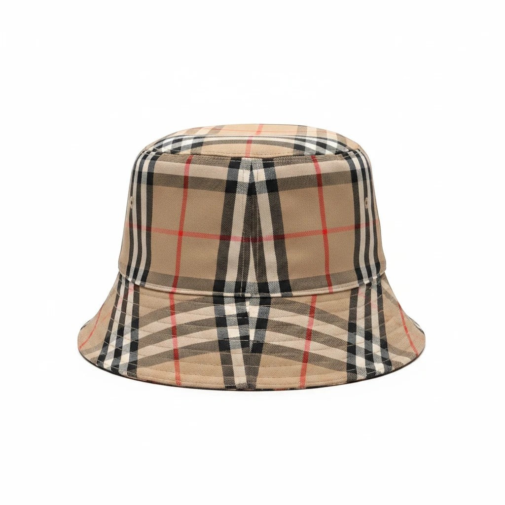 Noticed Atelier by Legzdiamond Burberry bucket hat in iconic beige, black, and red vintage check cotton blend fabric.