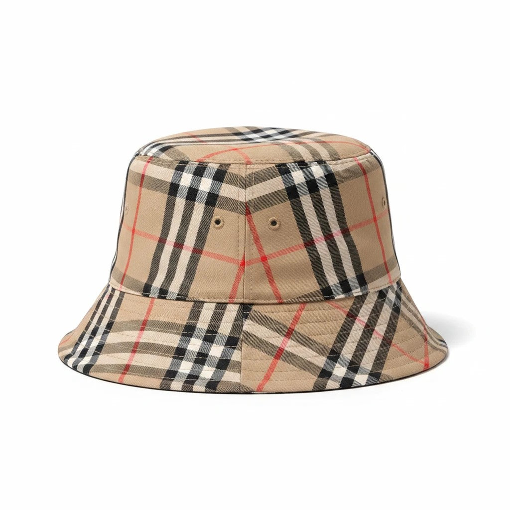 Noticed Atelier by Legzdiamond Burberry bucket hat in iconic beige, black, and red vintage check cotton blend fabric.