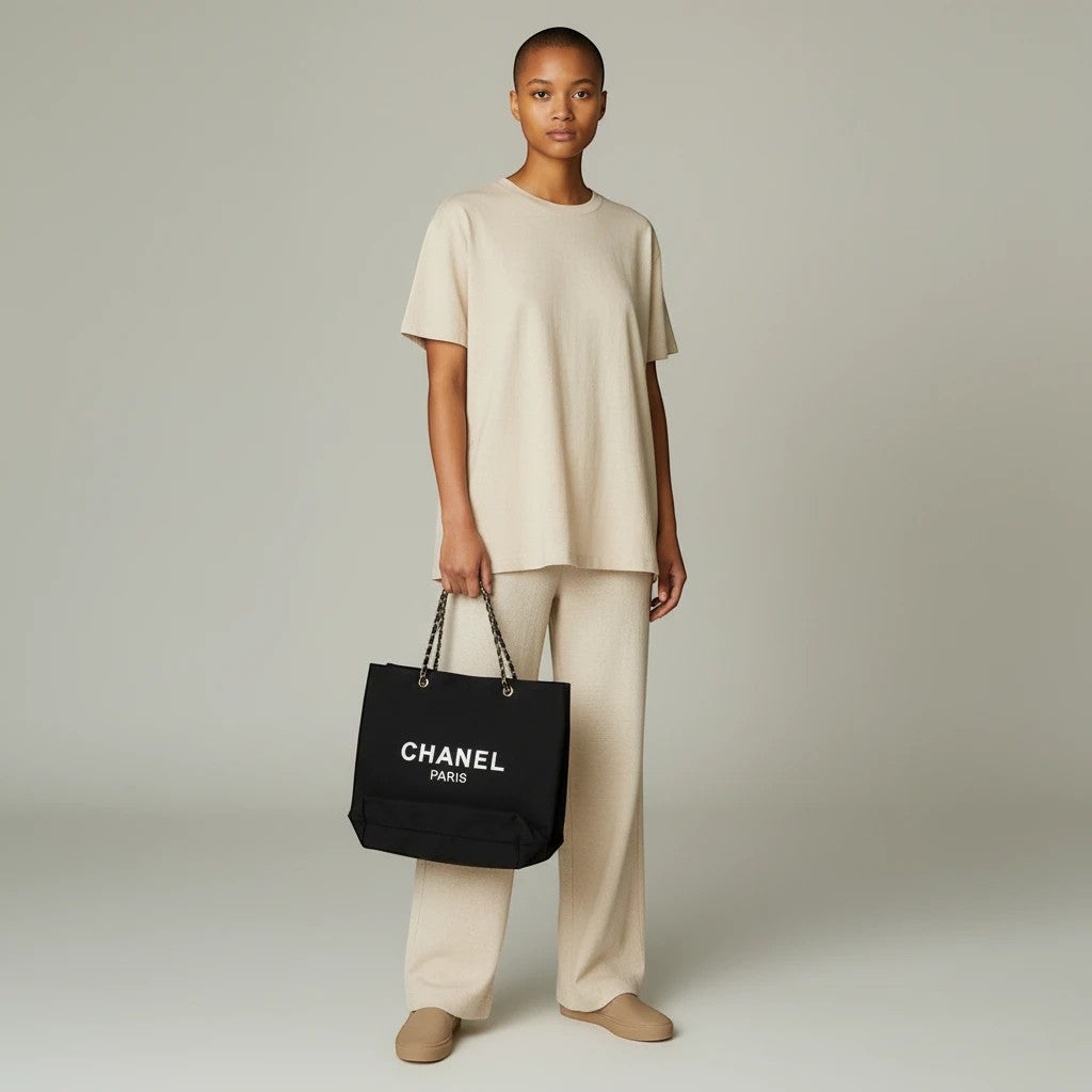 Model holding a black and white Chanel Tote bag from Noticed Atelier by Legzdiamond, featuring chain shoulder straps.