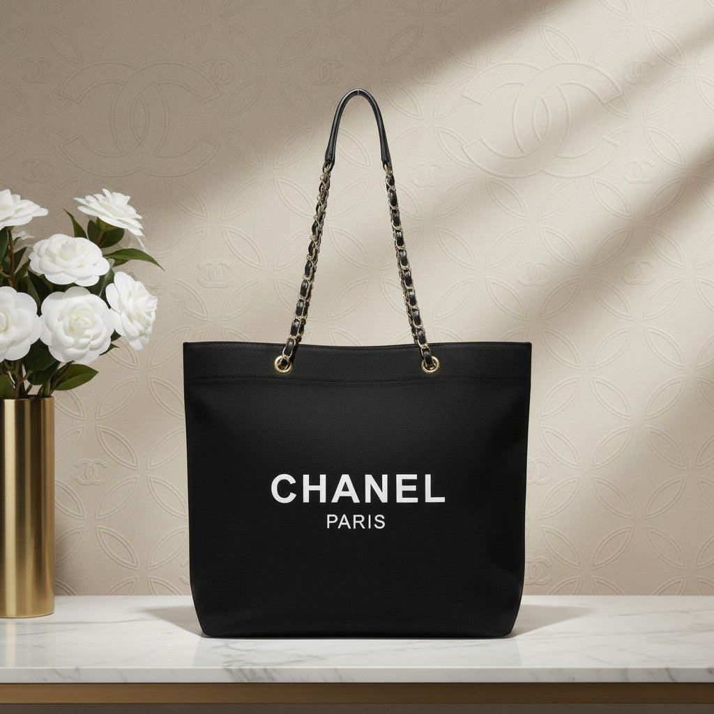 Noticed Atelier by Legzdiamond Chanel tote bag in black with white logo and signature chain shoulder straps