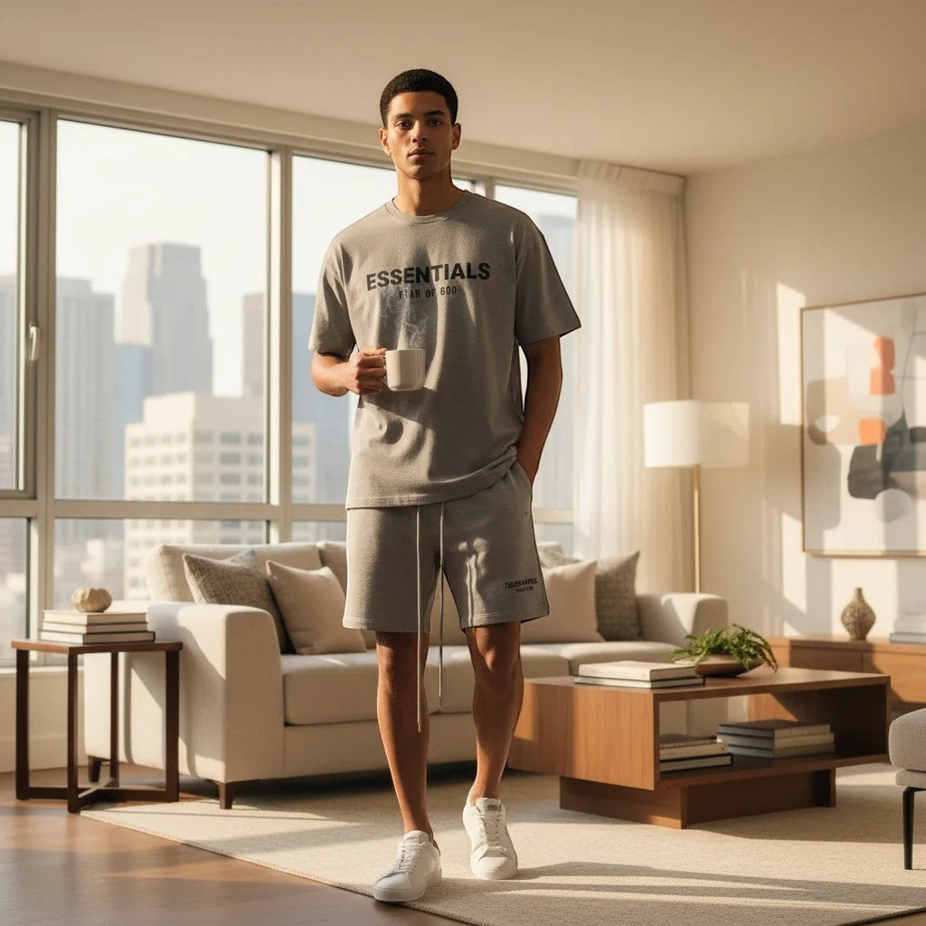 Noticed Atelier by Legzdiamond Essentials Fear Of God heather grey cotton t-shirt and shorts set on a man indoors.