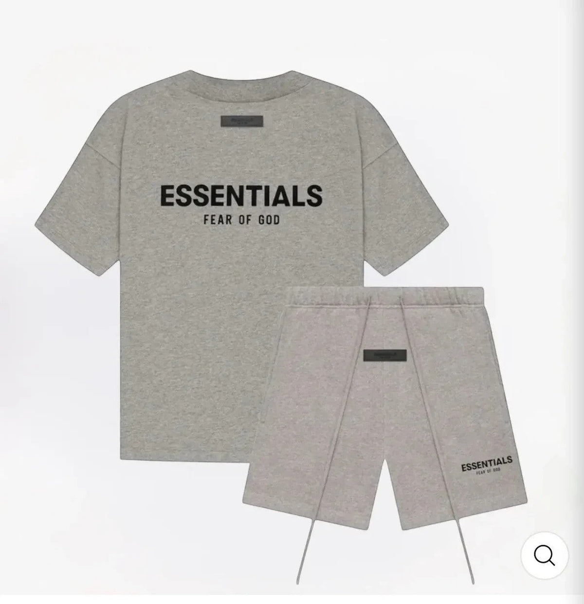 Noticed Atelier by Legzdiamond heather grey Essentials Fear Of God cotton t-shirt and shorts matching loungewear set.