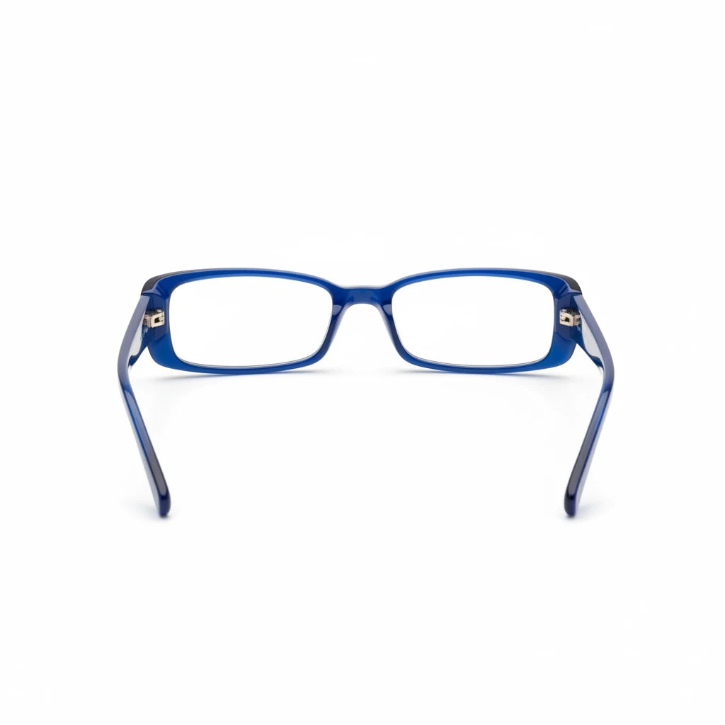 Noticed Atelier by Legzdiamond Fendi sunglasses with a petite blue frame and clear lenses, rear view.