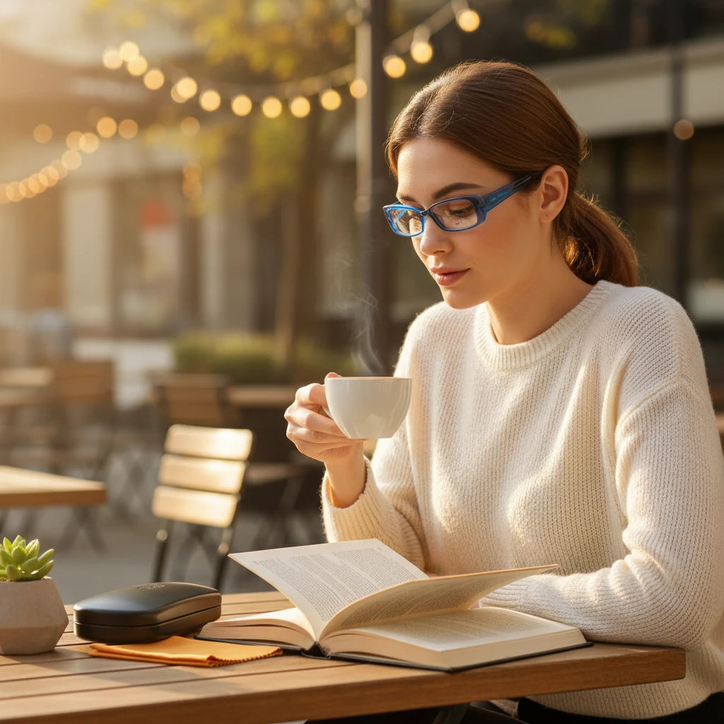 Woman wearing Noticed Atelier by Legzdiamond Fendi sunglasses with clear lenses and blue frames at a cafe table