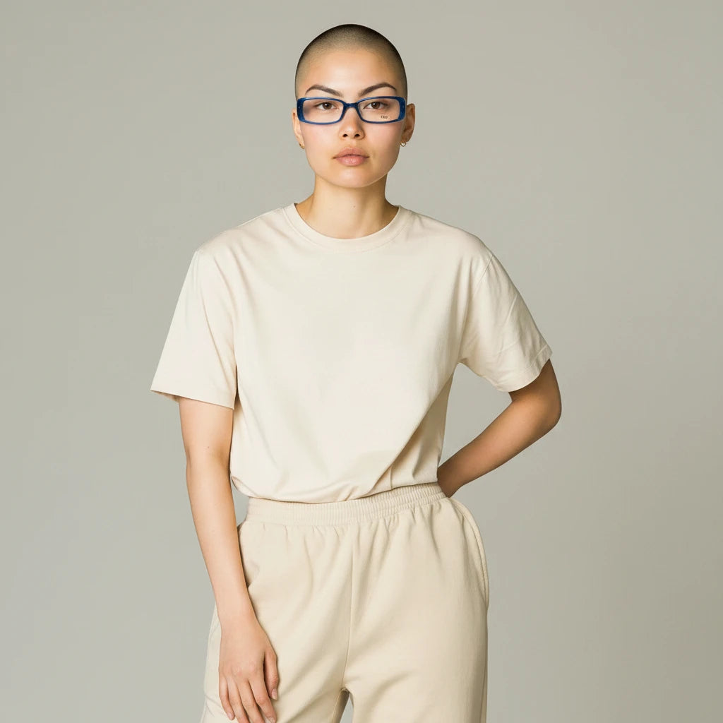 Model wearing Noticed Atelier by Legzdiamond Fendi sunglasses with a petite blue frame and clear lenses.
