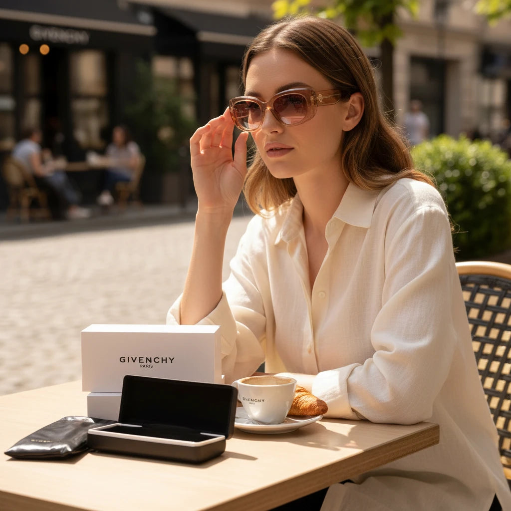 Noticed Atelier by Legzdiamond Givenchy caramel frames with clear tinted lenses worn by a woman at an outdoor cafe