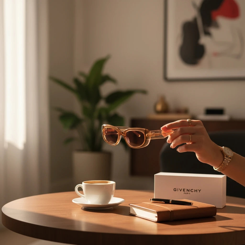 Noticed Atelier by Legzdiamond Givenchy caramel frames with clear tint held over a table with coffee and a notebook.