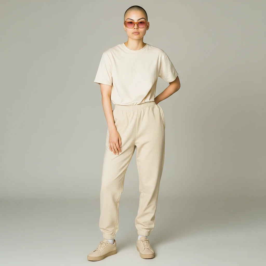 Noticed Atelier by Legzdiamond Givenchy caramel frames with clear tint worn by a model in a beige outfit