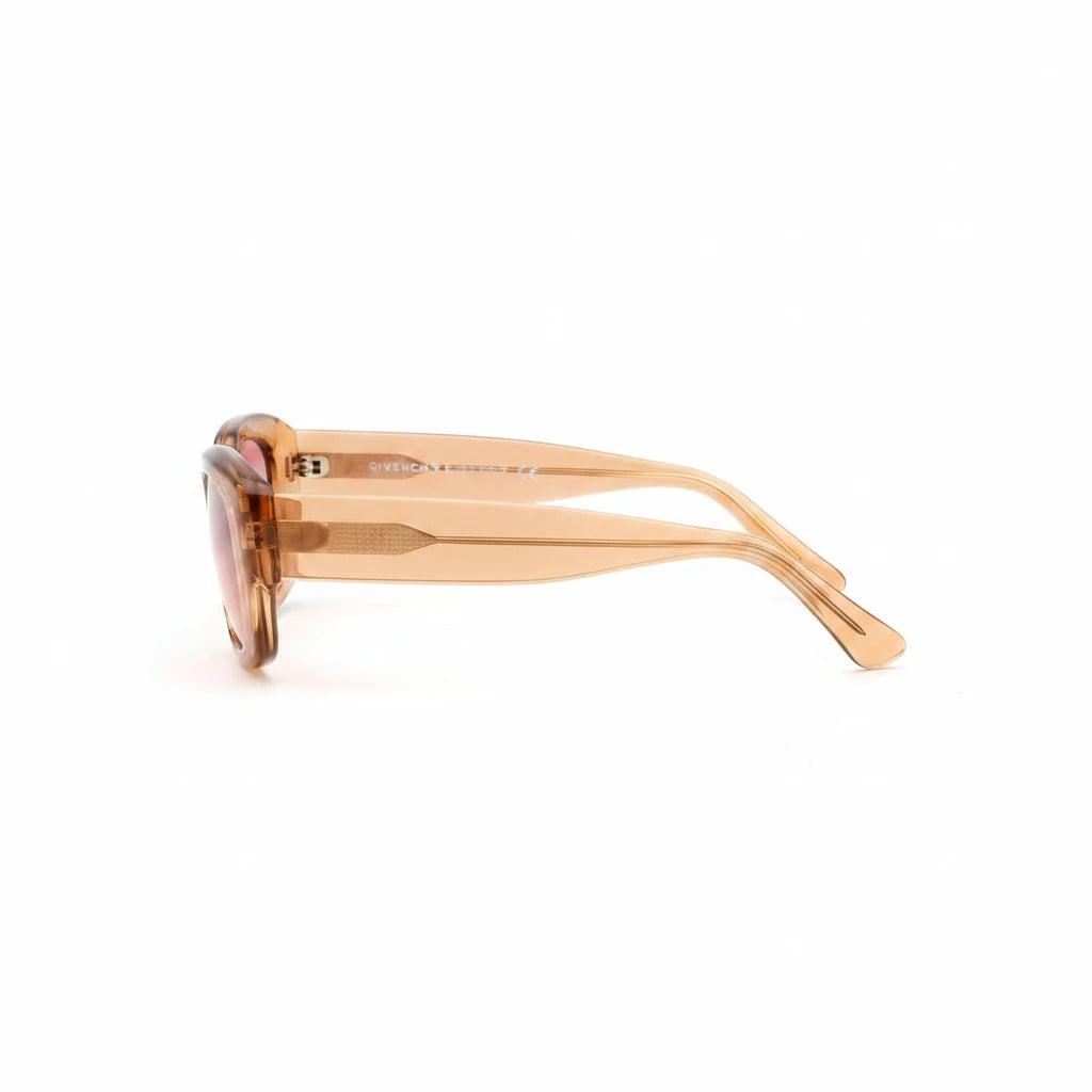 Noticed Atelier by Legzdiamond Givenchy caramel frames with clear caramel tinted lenses, side view.