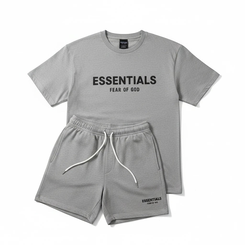 Noticed Atelier by Legzdiamond heather grey Essentials Fear Of God cotton t-shirt and shorts set with logo branding