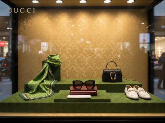 Noticed Atelier by Legzdiamond Gucci GG logo frames in black displayed on a green velvet pedestal in a luxury shop