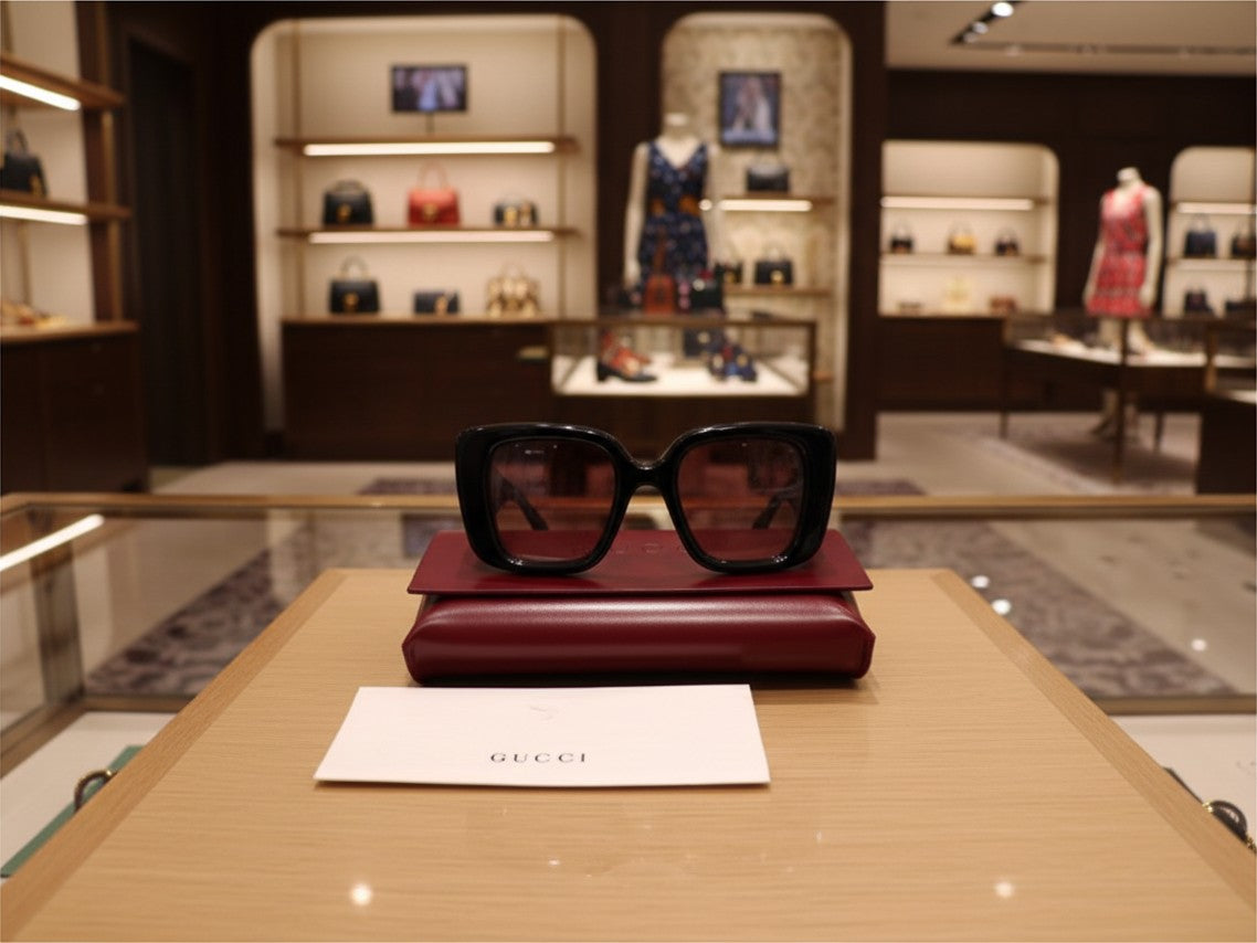 Noticed Atelier by Legzdiamond Gucci GG logo black frames with rose gold tinted lenses on a display case