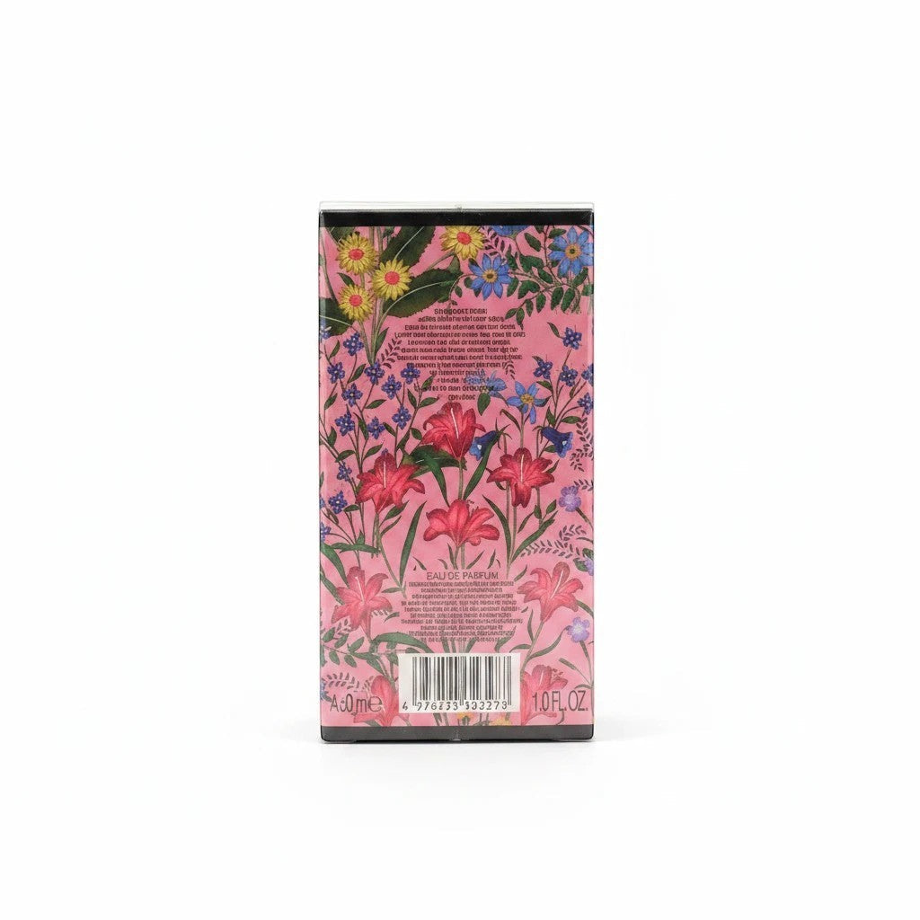Noticed Atelier by Legzdiamond Gucci Flora Gorgeous Gardenia perfume box with pink floral print and text details
