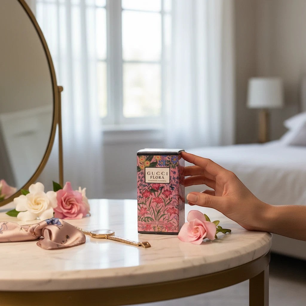 Noticed Atelier by Legzdiamond Gucci Flora Gorgeous Gardenia perfume box on a marble table with flowers and a mirror