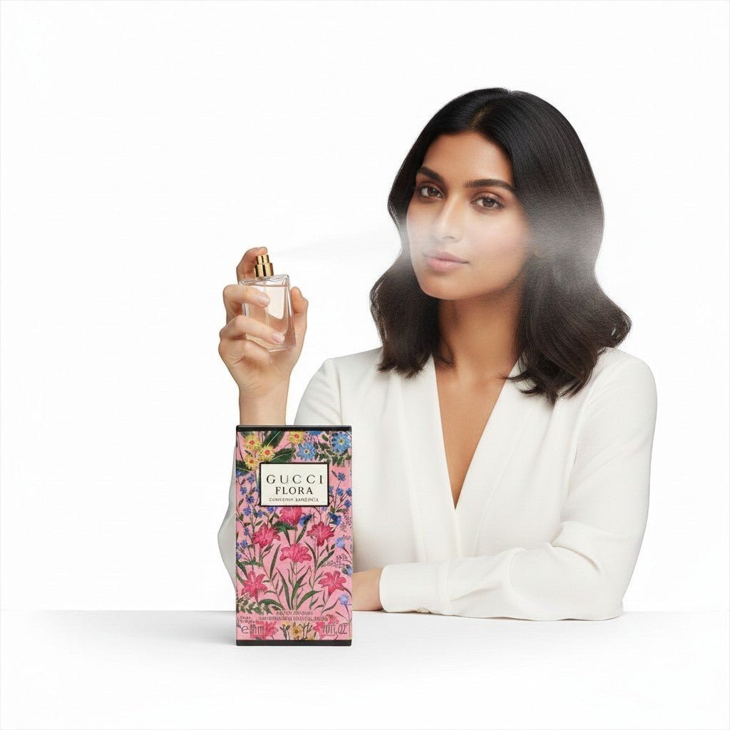 Noticed Atelier by Legzdiamond woman spraying Gucci Flora Gorgeous Gardenia perfume with floral box in foreground