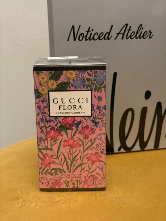 Noticed Atelier by Legzdiamond Gucci Flora Gorgeous Gardenia 30ml perfume bottle in floral pink box