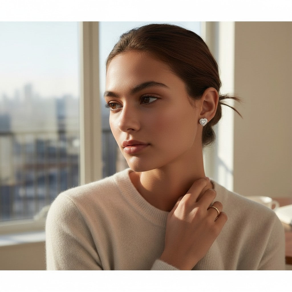 Noticed Atelier by Legzdiamond heart-shaped moissanite stud earrings with a halo setting in 925 sterling silver.