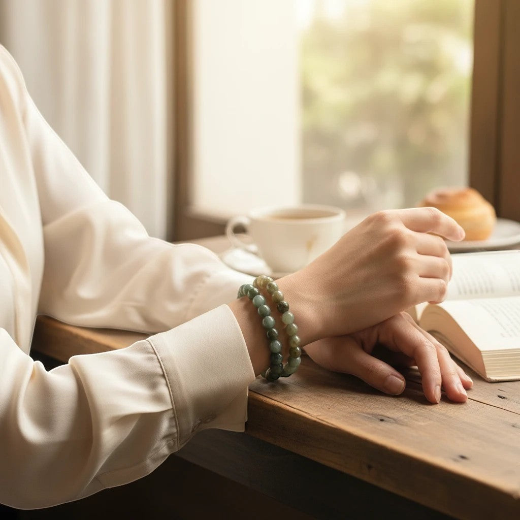 Noticed Atelier by Legzdiamond Grade A jadeite bead bracelets in green and grey tones worn on a woman's wrist