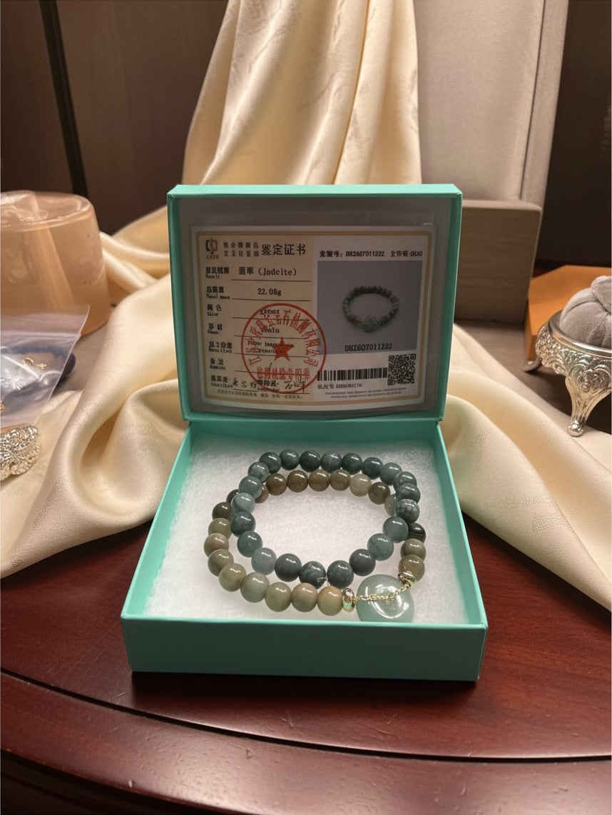 Noticed Atelier by Legzdiamond Grade A jadeite donut and bead bracelet bundle with authentication certificate in box