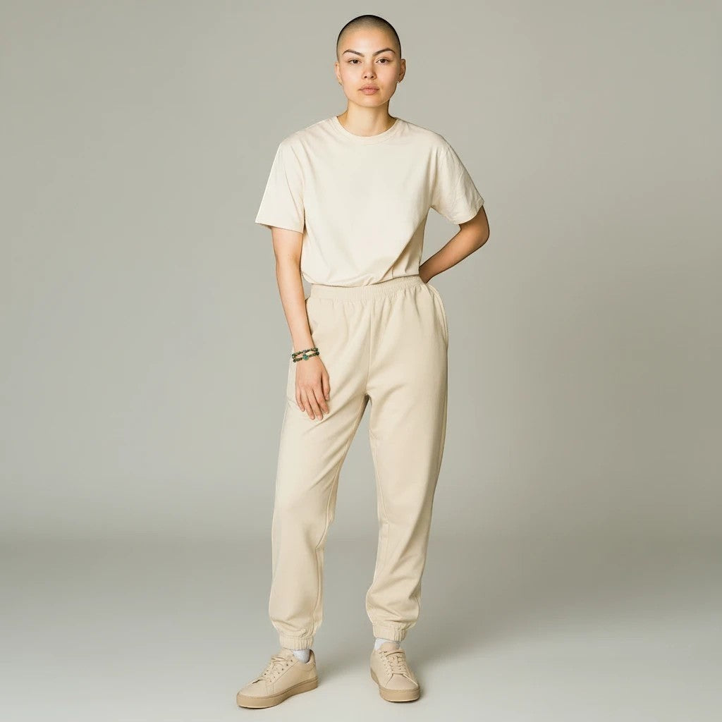 Noticed Atelier by Legzdiamond Grade A jadeite donut and bead bracelet bundle worn by a model in beige loungewear