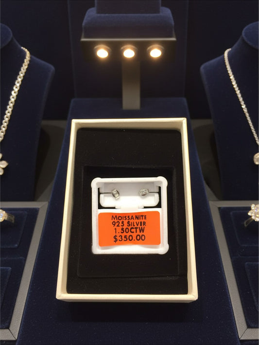 Noticed Atelier by Legzdiamond moissanite stud earrings set in 925 silver, displayed in a white jewelry box.