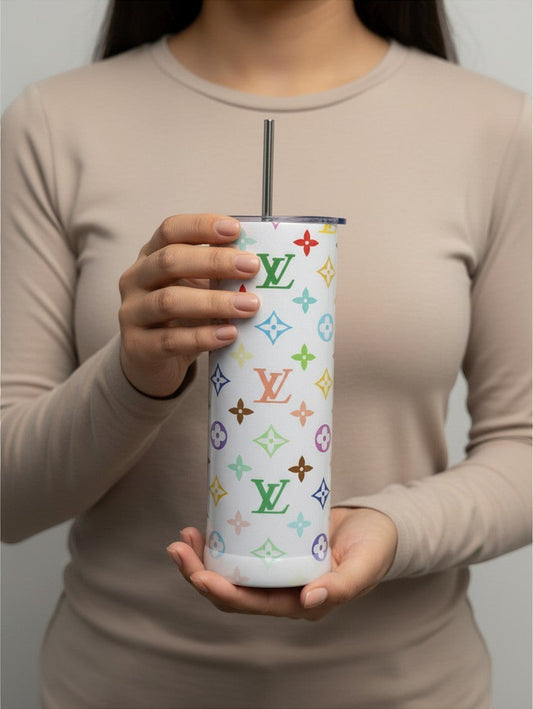 Noticed Atelier by Legzdiamond slim stainless steel tumbler with multicolor monogram print and reusable metal straw