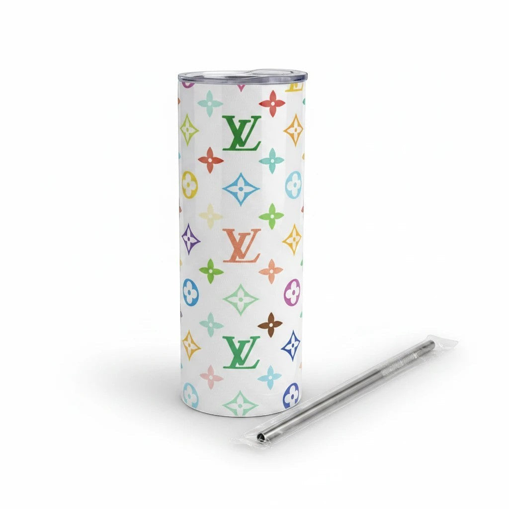 Noticed Atelier by Legzdiamond slim stainless steel tumbler featuring a colorful monogram print and reusable straw