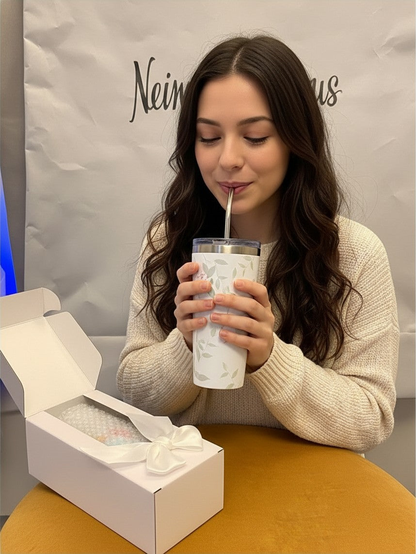 Woman holding a Noticed Atelier by Legzdiamond slim stainless steel tumbler with a floral monogram print and straw.