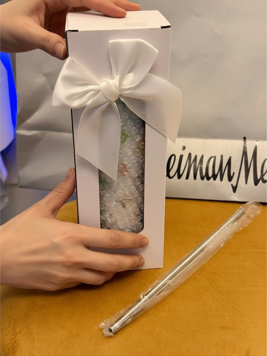 Noticed Atelier by Legzdiamond luxury monogram slim tumbler in a gift box with a white satin ribbon and metal straw